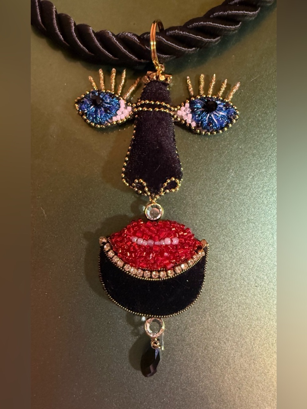 Handmade Statement Necklace Velvet Swarovski Crystals Japanese Beads Art Jewelry - Picture 2 of 4